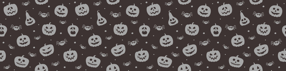 Halloween banner with creepy pumpkins and spiders. Seamless texture. Vector