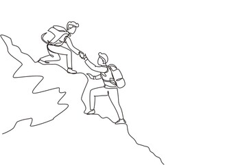 Une seule ligne dessinant deux hommes randonneur s& 39 aidant au sommet de la montagne. La randonnée en équipe s& 39 entraide en faisant confiance à l& 39 assistance. Notion d& 39 objectif. Illustration vectorielle graphique de conception de dessin au tra