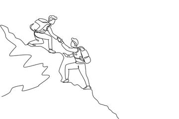 Photo sur Plexiglas Une ligne Une seule ligne dessinant deux hommes randonneur s& 39 aidant au sommet de la montagne. La randonnée en équipe s& 39 entraide en faisant confiance à l& 39 assistance. Notion d& 39 objectif. Illustration vectorielle graphique de conception de dessin au tra