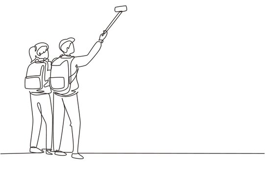 recommend clip art: Continuous one line drawing couple man woman hikers with backpacks takes selfie in mountains while recording video using his smartphone. Travel blogger. Single line draw design vector illustration