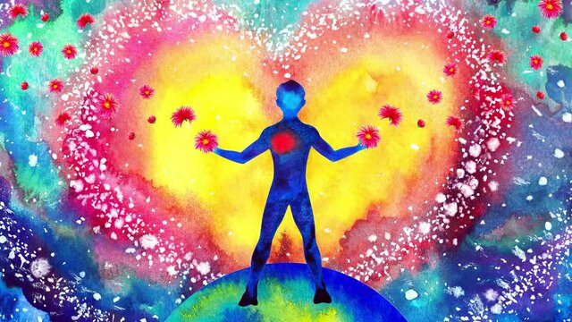 human heart healing flower flow in universe world love spiritual mind mental health chakra power abstract soul art watercolor painting illustration design drawing stop motion ultra hd 4k animation