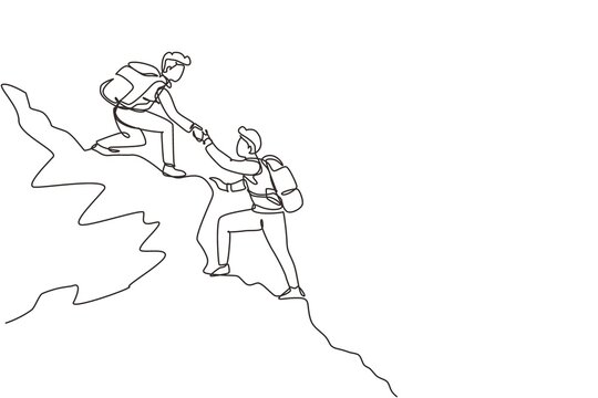 Single one line drawing two men hiker helping each other on top of mountain. Teamwork hiking help each other trust assistance. Goal concept. Continuous line draw design graphic vector illustration