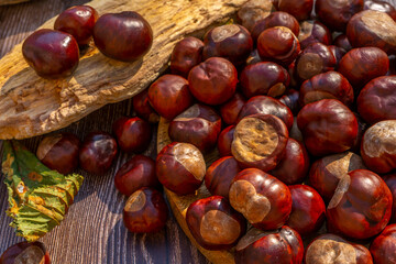 Chestnuts in a plate with dry leaves on a brown wooden table. Autumn still life with bright horse chestnuts on wooden background