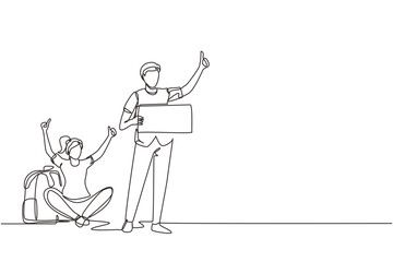 Continuous one line drawing hitchhiking men and women with luggage and thumbs up waiting for car by roadside. Adventure travel, road trip, tourism. Single line draw design vector graphic illustration