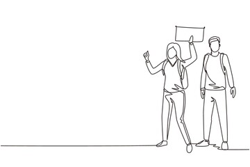 Single one line drawing couple with backpacks standing near road and hitchhiking. Man and woman thumbing or hitching ride. Adventure travel, road trip. Continuous line draw design vector illustration