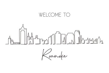 Single continuous line drawing Roanoke city skyline, Virginia. Beautiful landmark. World landscape tourism travel home wall decor poster print art. Dynamic one line graphic design vector illustration