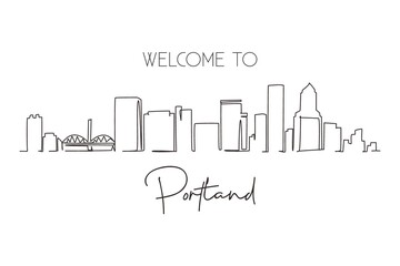 Obraz premium Single one line drawing Portland city skyline, Oregon. Beautiful landmark. Beautiful world landscape tourism travel wall decor poster, postcard. Continuous line draw design graphic vector illustration