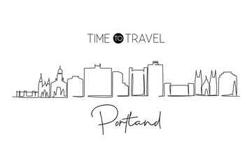 Continuous one line drawing Portland city skyline, Maine. Historical town landscape in world. Best holiday destination wall decor. Editable stroke trendy single line draw design vector illustration