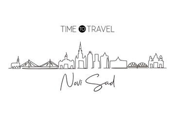 Naklejka premium Single continuous line drawing Novi Sad city skyline, Serbia. Historical town landscape in world. Best holiday destination wall decor. Editable stroke trendy one line draw design vector illustration