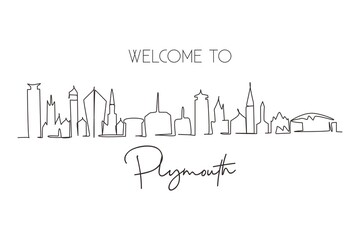 Single one line drawing Plymouth city skyline, England. Beautiful landmark. Beautiful world landscape tourism travel wall decor poster, postcard. Modern continuous line draw design vector illustration