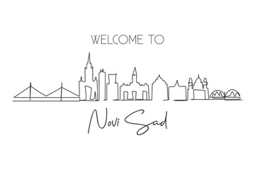 Obraz premium Single continuous line drawing Novi Sad city skyline, Serbia. Beautiful landmark. World landscape tourism travel home wall decor poster print art. One line draw graphic design vector illustration