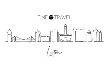 Fototapeta na wymiar Continuous one line drawing Luton city skyline, England. Historical town landscape in the world. Best holiday destination. Editable stroke trendy single line draw design vector graphic illustration