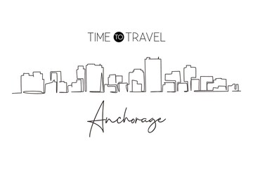 Fototapeta premium Continuous one line drawing Anchorage city skyline, Alaska. Historical town landscape in the world. Best holiday destination. Editable stroke trendy single line draw design vector graphic illustration