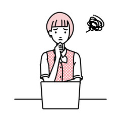 デスクで座ってPCを開いて困っている事務員制服の女性