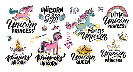 Hand sketched unicorn vector illustration set with lettering typography quotes. Motivational quotes concept for children t-shirt print. Unicorn logotype, badge, icon. Unicorn logo, banner, flyer. eps