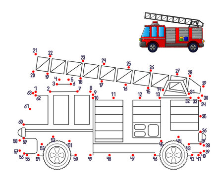
children's educational game. connect the dots. paint. fire engine.
