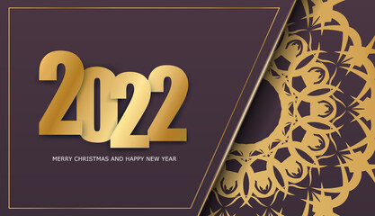 Fototapeta na wymiar 2022 postcard merry christmas burgundy with luxury gold ornaments