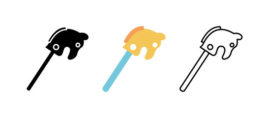 Stick horse toy icon set. Fun and game icon. Child toy set. Editable row set. Silhouette, colored, linear icon set.