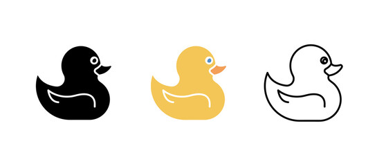Yellow baby duck toy icon set. Fun and game icon. Child toy set. Editable row set. Silhouette, colored, linear icon set.