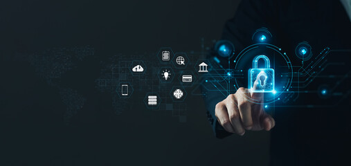 Cybersecurity and privacy concepts to protect data. Lock icon and internet network security...
