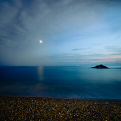 Sea at Night. Mediterranean coast. Liguria in Italy. Black and white. - 459276589