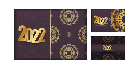 Fototapeta na wymiar 2022 brochure merry christmas burgundy color with abstract gold pattern