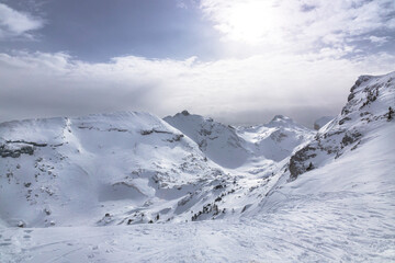 Panoramic view on the snowy Vercors mountains of the Villard Ski area. France.