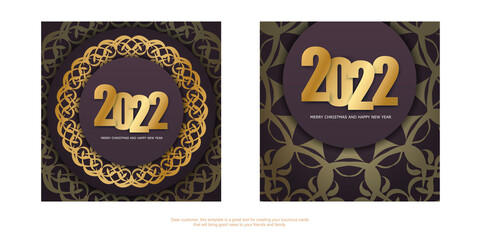 2022 holiday card merry christmas burgundy color with luxury gold ornament