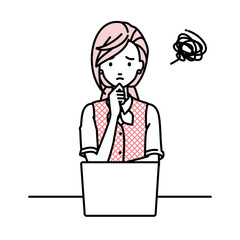 デスクで座ってPCを開いて困っている事務員制服の女性