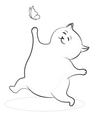 Cartoon Cat Runs and Wants to Catch a Butterfly, Black Contours Isolated on White Background. Vector