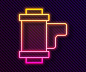 Glowing neon line Camera vintage film roll cartridge icon isolated on black background. 35mm film canister. Filmstrip photographer equipment. Vector