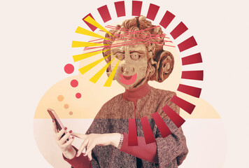 Modern art collage. Concept woman with statue or sculpture head holding mobile smartphone using app, texting sms message.