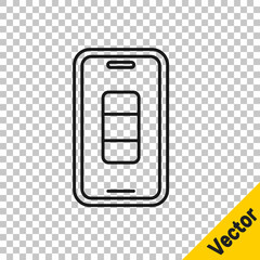 Black line Smartphone battery charge icon isolated on transparent background. Phone with a low battery charge. Vector