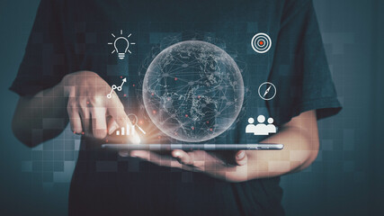 Businessman using mobile tablet on global network connection on investor and customer with sale data exchange and development of business. Financial and banking, Digital link tech, big data.