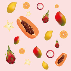 pink background with exotic fruits