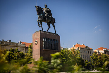 Croatian King Tomislav monument in Zagreb, against blue sky