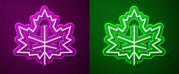 Fototapeta premium Glowing neon line Leaf icon isolated on purple and green background. Leaves sign. Fresh natural product symbol. Vector