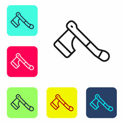 Black line Wooden axe icon isolated on white background. Lumberjack axe. Happy Halloween party. Set icons in color square buttons. Vector