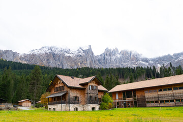Fototapeta na wymiar Wooden resort or hotel with green lawn and close to the pine forest nature with cloud and rock mountain with snow on spring day ,white background at Dolomites,Italy.