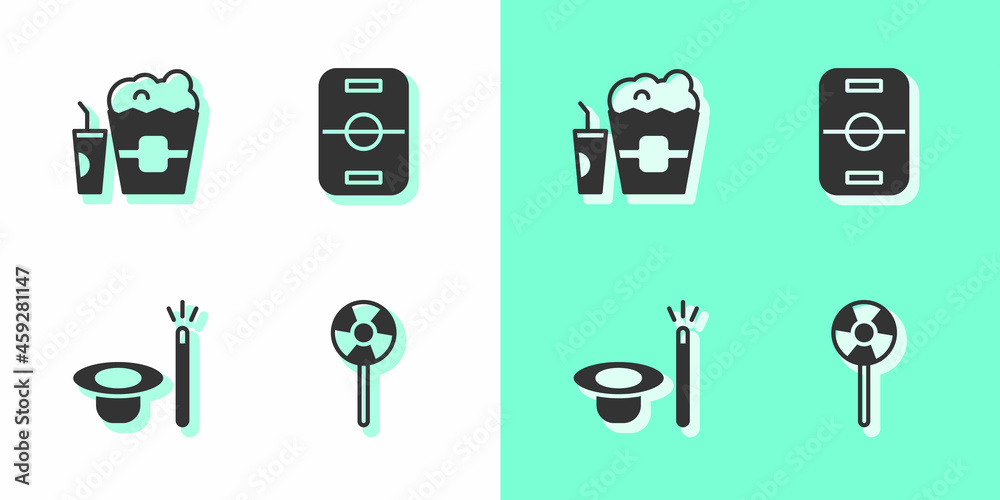 Wall mural set lollipop, popcorn in box and glass, magic hat wand and hockey table icon. vector