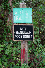 Park trail sign: Not Handicapped Accessible.    