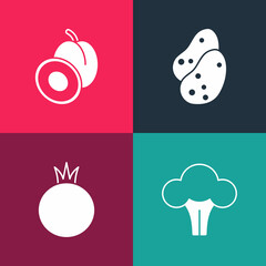 Set pop art Broccoli, Tomato, Potato and Plum fruit icon. Vector