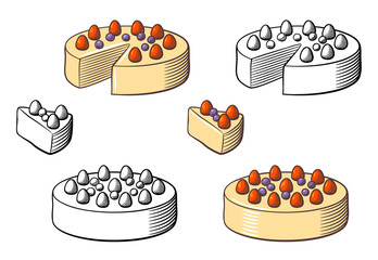 Cheesecake with strawberry and blueberry. Stylized monochrome and colored vector illustration