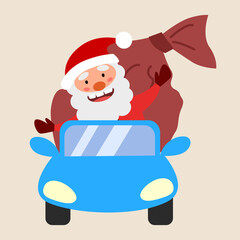 A full Santa Claus with outstretched arms rides in a car with a bag of gifts.