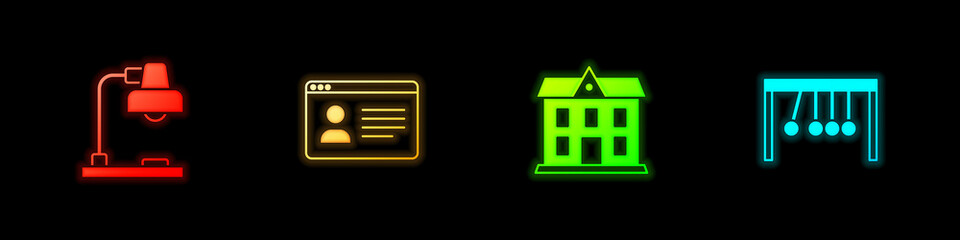 Set Table lamp, Online class, School building and Pendulum icon. Vector