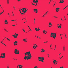 Set Exam sheet and pencil, School backpack, Table lamp and Marker on seamless pattern. Vector