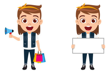 Happy cute kid girl character standing with gifts and shopping bags and black placard