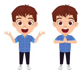 Happy cute kid boy character standing and doing different actions waving welcoming isolated