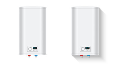 Realistic electric water heater. Isolated water heater on white background. Front view. Vector illustration.