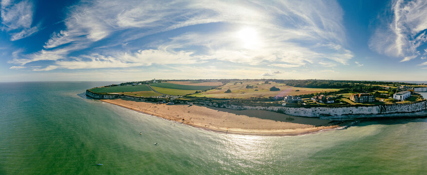 Drone aerial view of the beach and white cliffs, Botany Bay, England, UK